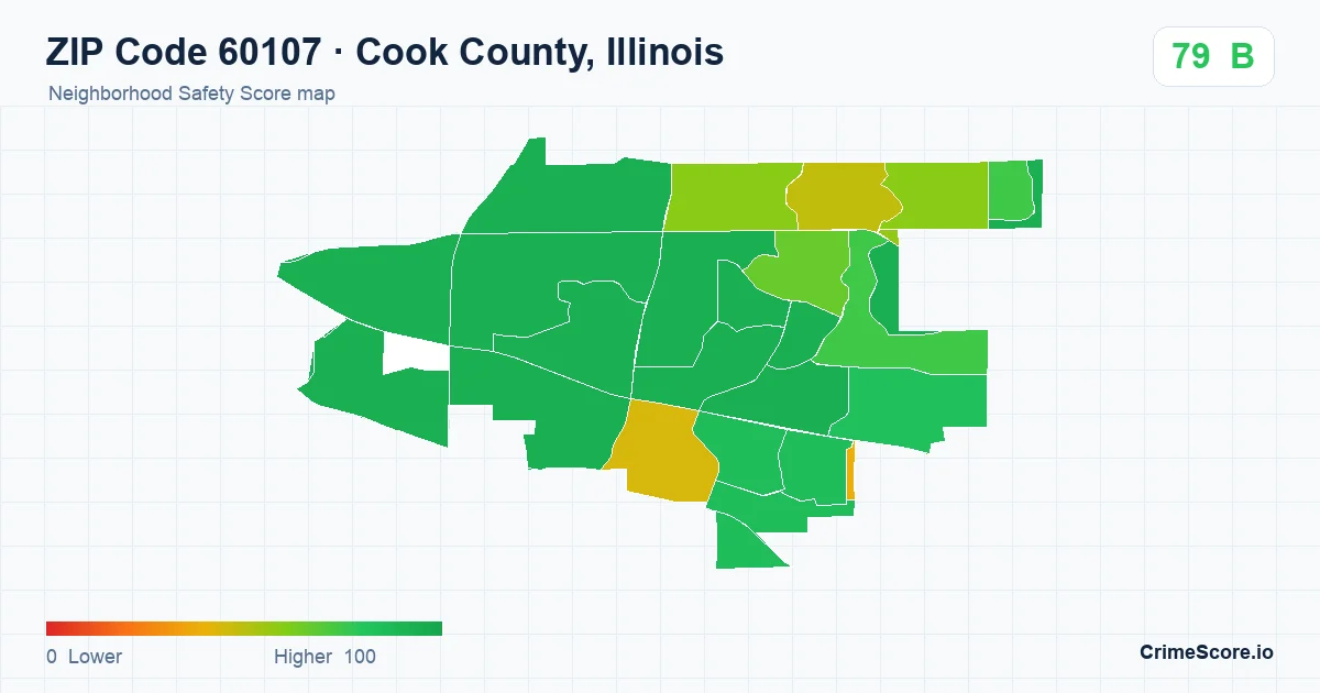 ZIP Code 60107 in Cook County, Illinois neighborhood Safety Score map