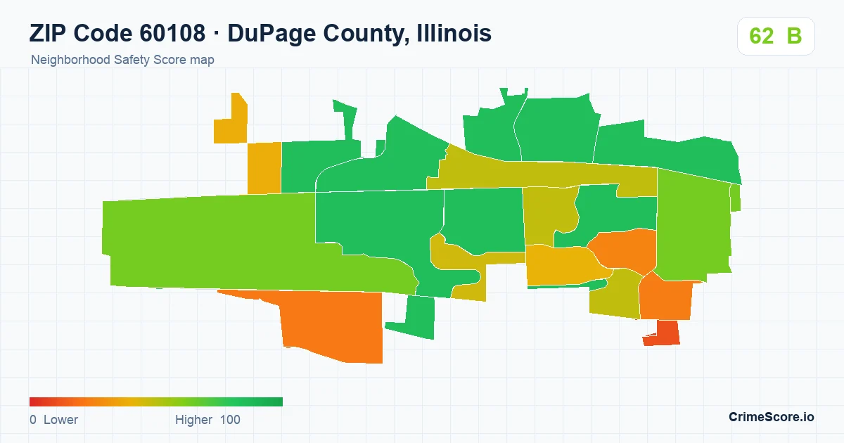 ZIP Code 60108 in DuPage County, Illinois neighborhood Safety Score map