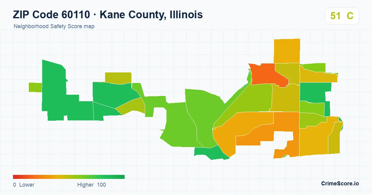 ZIP Code 60110 in Kane County, Illinois neighborhood Safety Score map