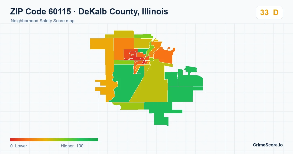 ZIP Code 60115 in DeKalb County, Illinois neighborhood Safety Score map