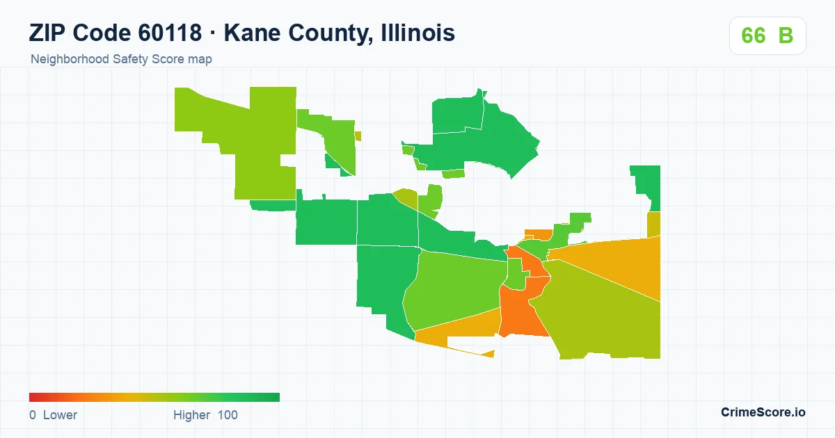 ZIP Code 60118 in Kane County, Illinois neighborhood Safety Score map