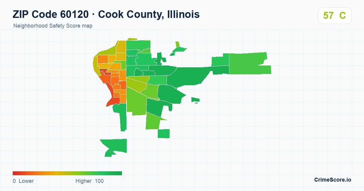 ZIP Code 60120 in Cook County, Illinois neighborhood Safety Score map