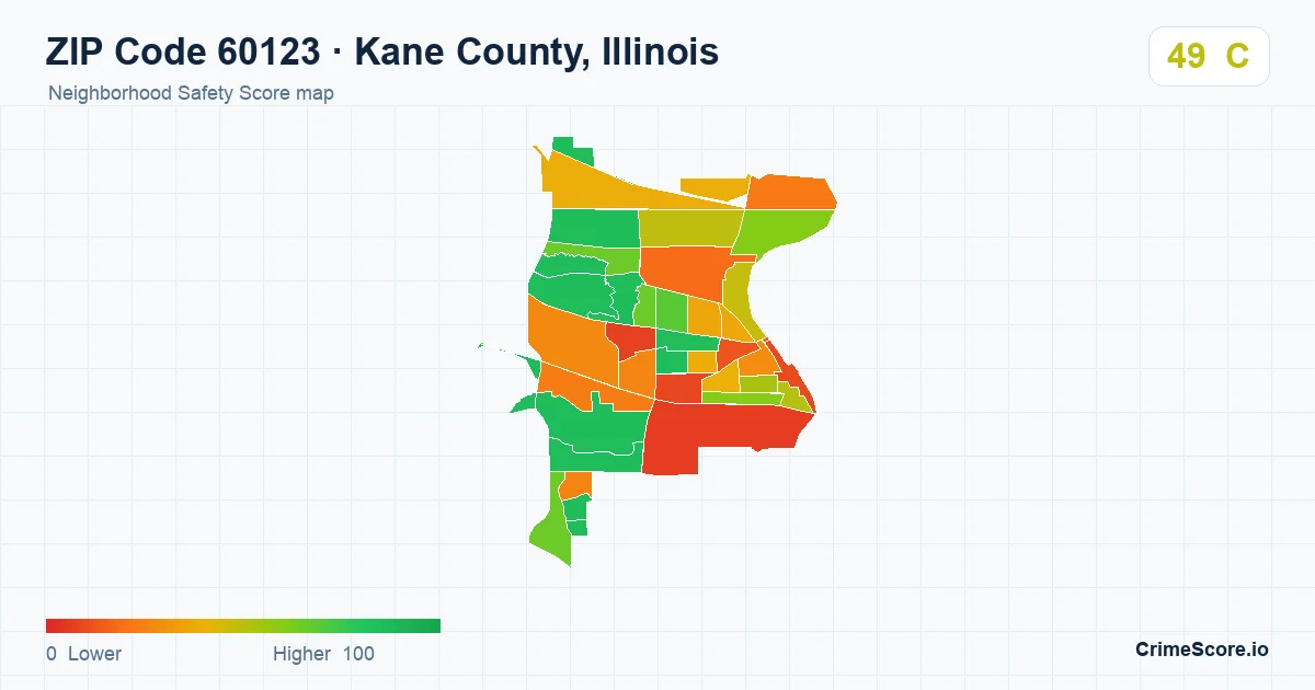 ZIP Code 60123 in Kane County, Illinois neighborhood Safety Score map