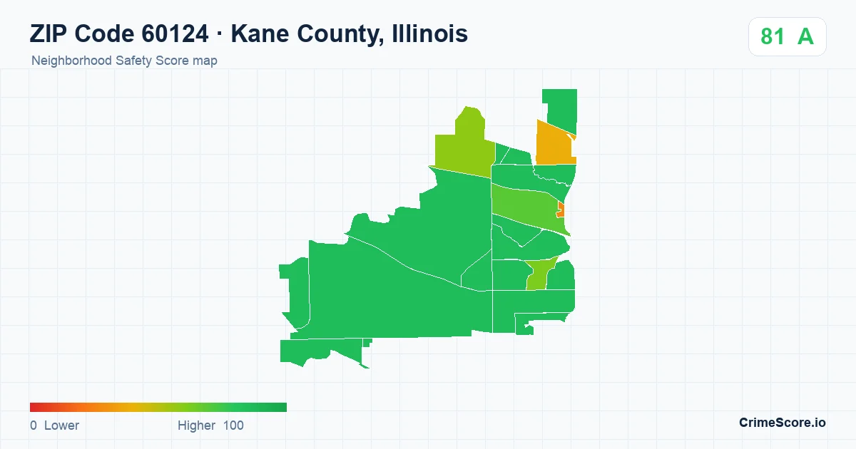 ZIP Code 60124 in Kane County, Illinois neighborhood Safety Score map