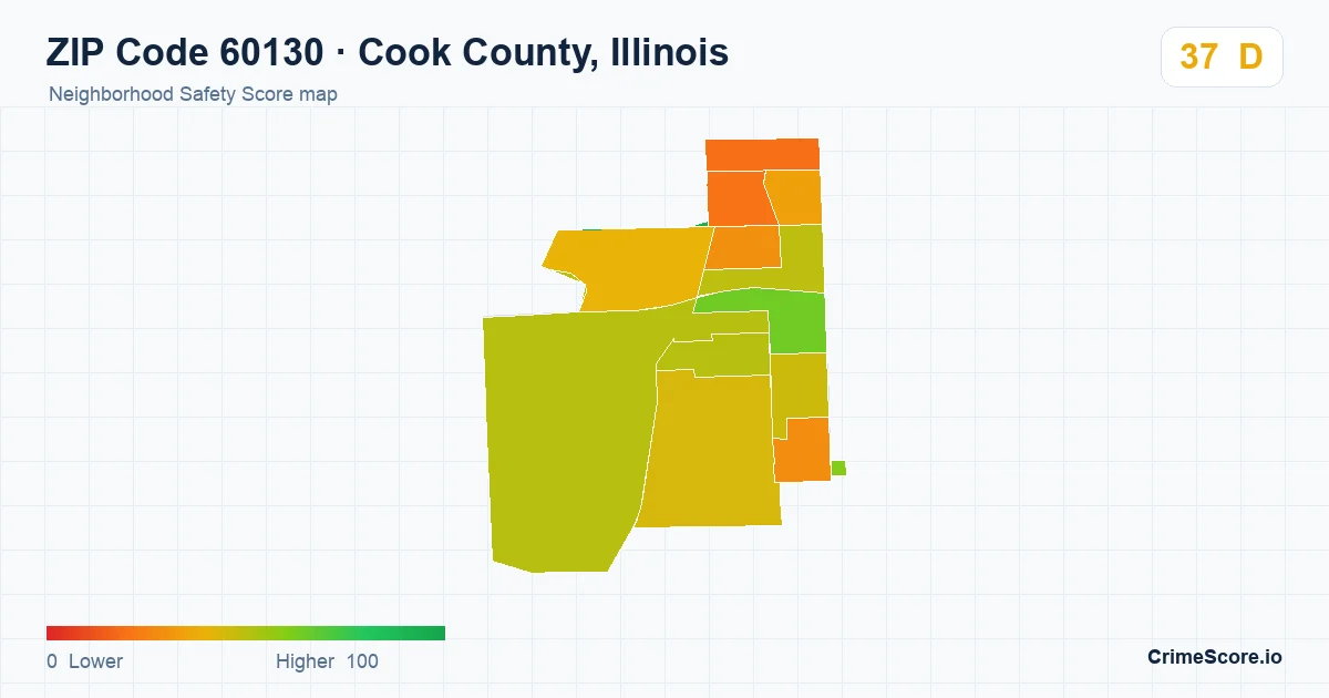 ZIP Code 60130 in Cook County, Illinois neighborhood Safety Score map