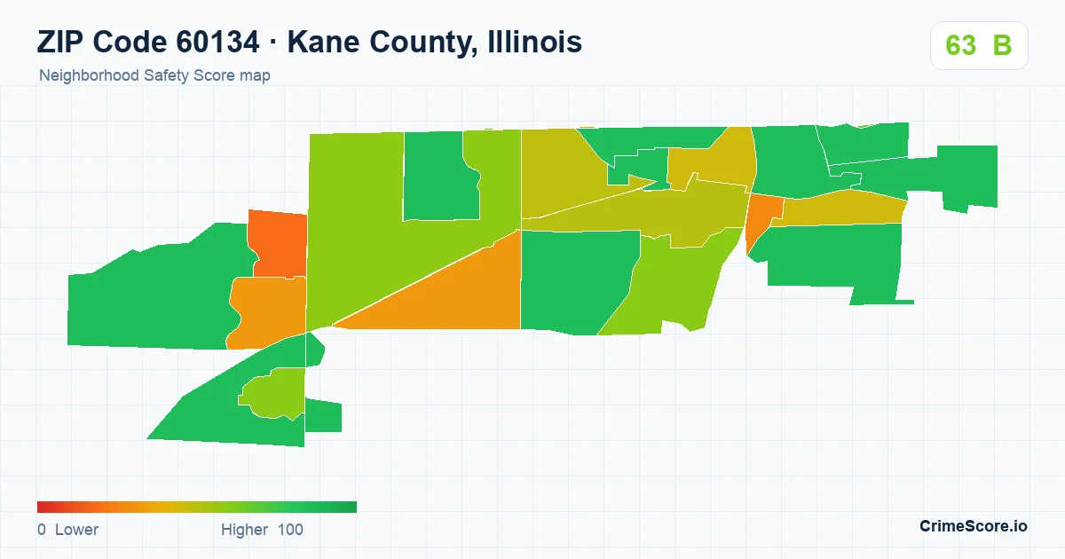 ZIP Code 60134 in Kane County, Illinois neighborhood Safety Score map