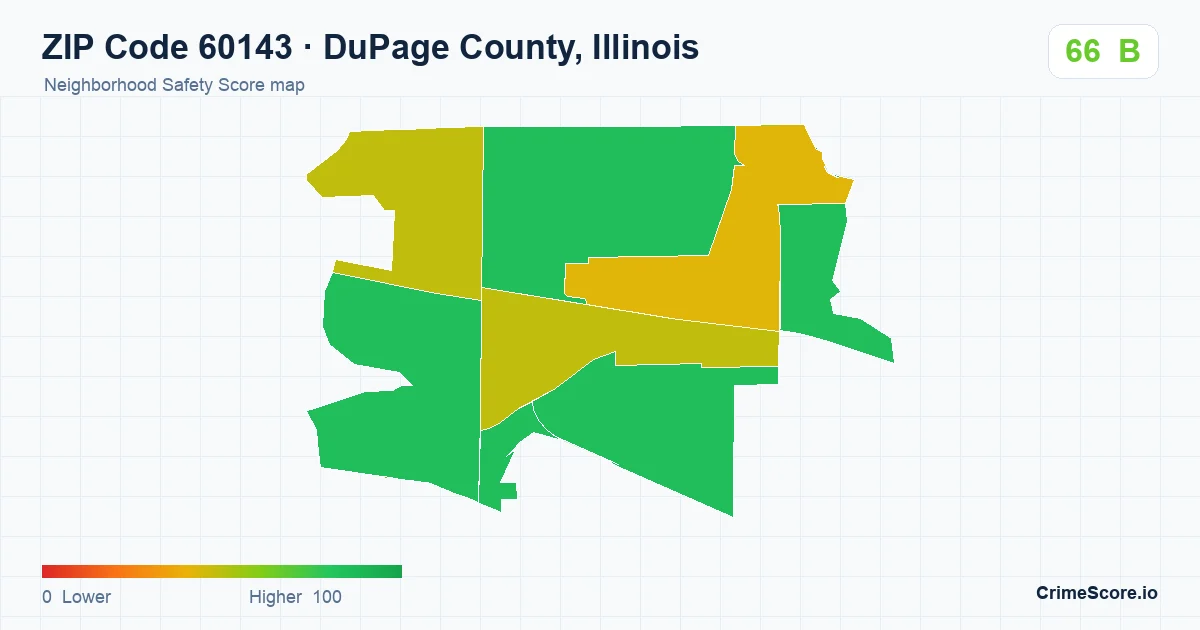 ZIP Code 60143 in DuPage County, Illinois neighborhood Safety Score map