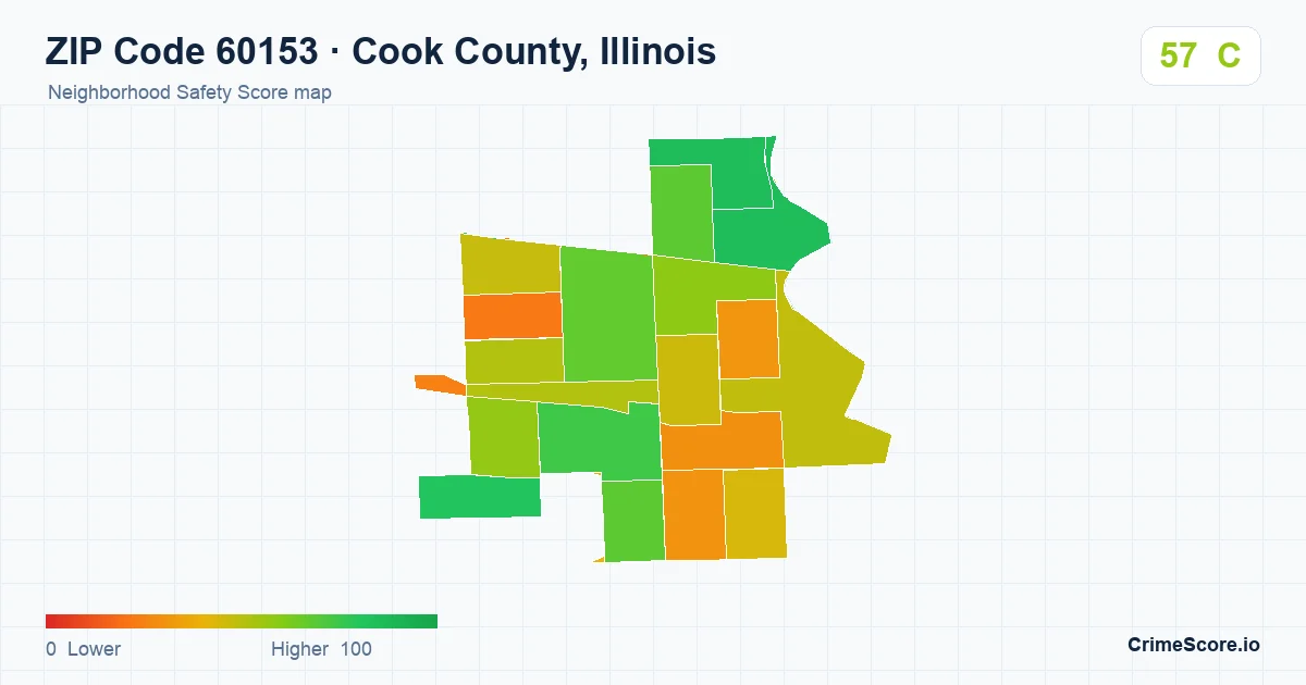 ZIP Code 60153 in Cook County, Illinois neighborhood Safety Score map