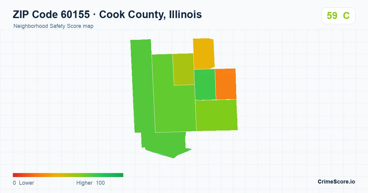 ZIP Code 60155 in Cook County, Illinois neighborhood Safety Score map