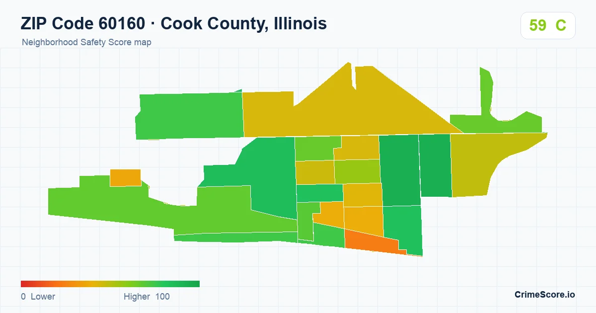 ZIP Code 60160 in Cook County, Illinois neighborhood Safety Score map