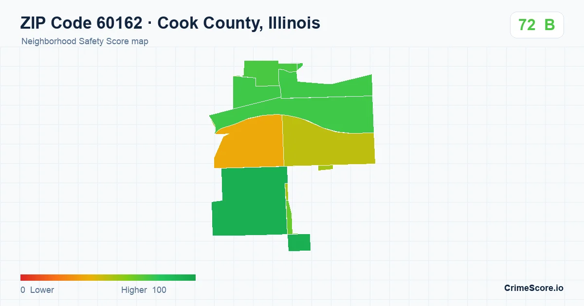 ZIP Code 60162 in Cook County, Illinois neighborhood Safety Score map