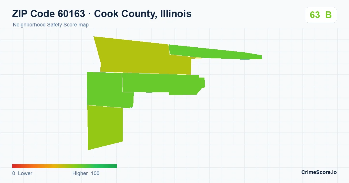 ZIP Code 60163 in Cook County, Illinois neighborhood Safety Score map