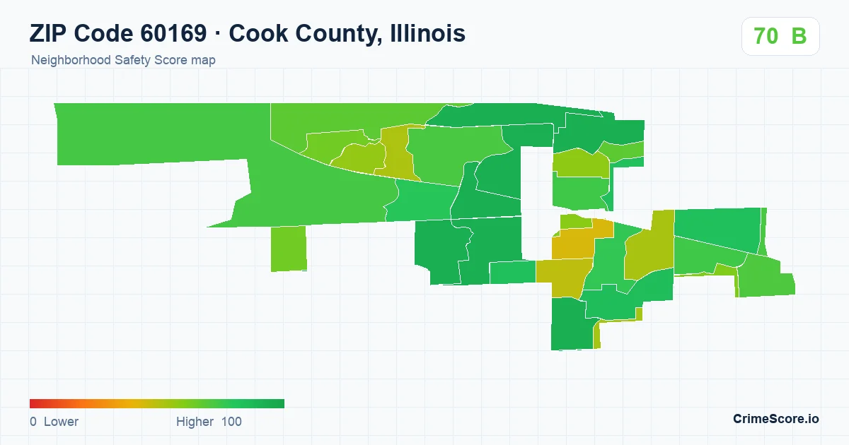 ZIP Code 60169 in Cook County, Illinois neighborhood Safety Score map