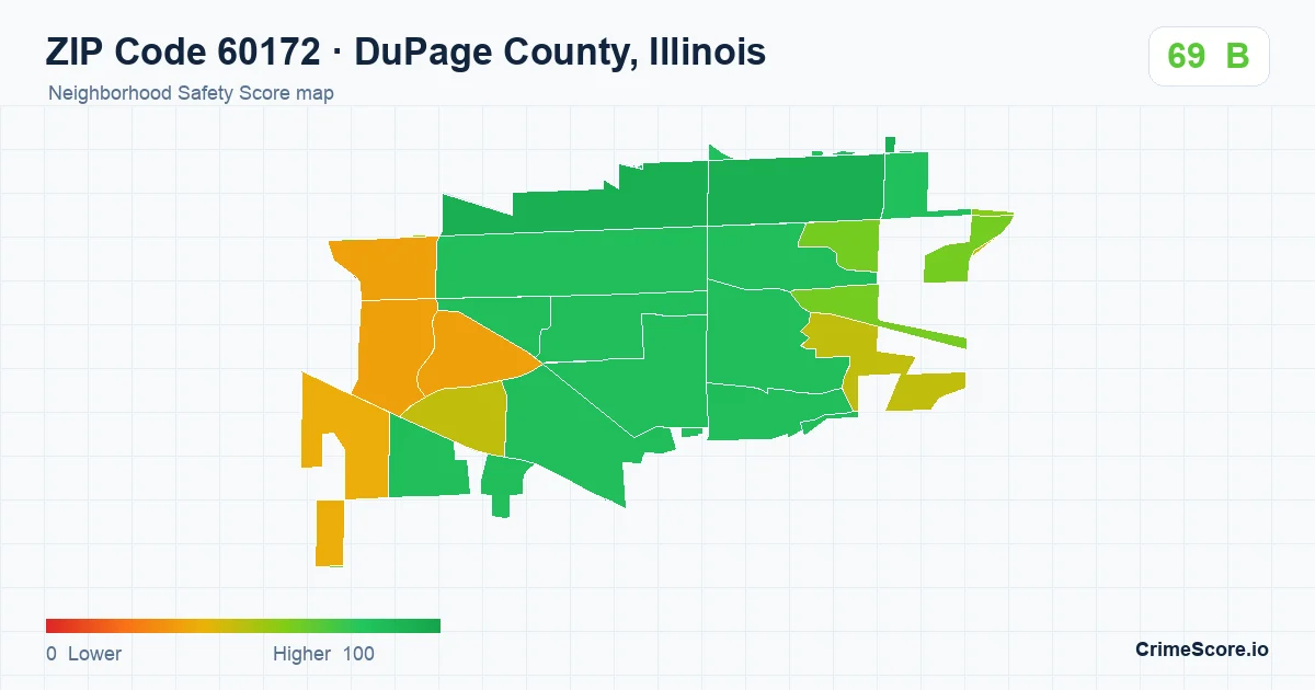 ZIP Code 60172 in DuPage County, Illinois neighborhood Safety Score map
