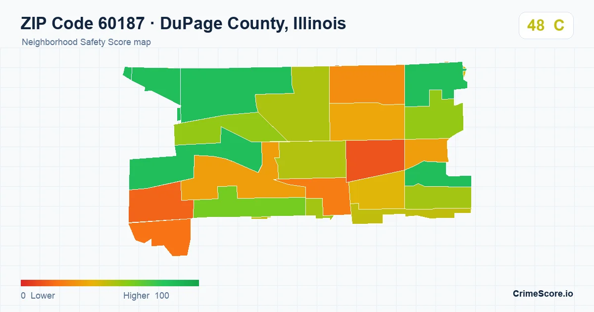ZIP Code 60187 in DuPage County, Illinois neighborhood Safety Score map