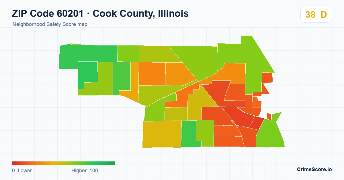 ZIP Code 60201 in Cook County, Illinois neighborhood Safety Score map