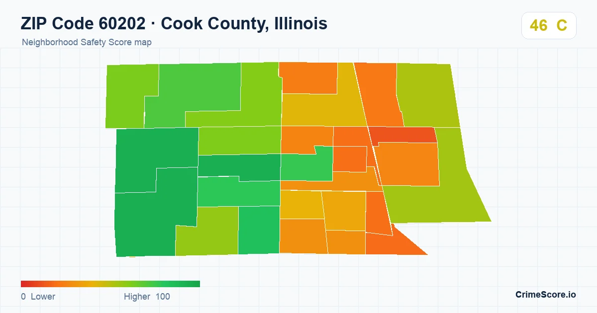 ZIP Code 60202 in Cook County, Illinois neighborhood Safety Score map
