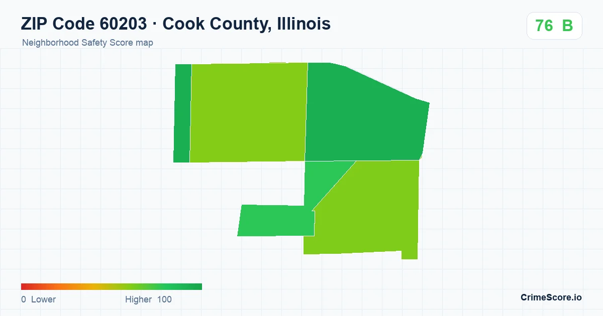 ZIP Code 60203 in Cook County, Illinois neighborhood Safety Score map