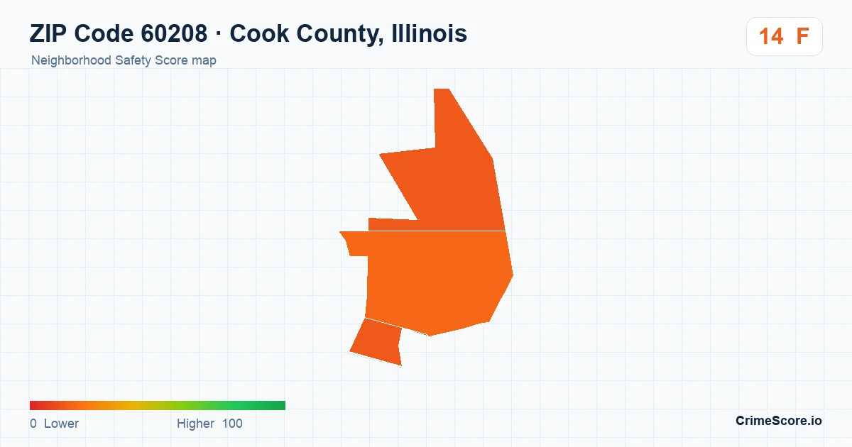 ZIP Code 60208 in Cook County, Illinois neighborhood Safety Score map