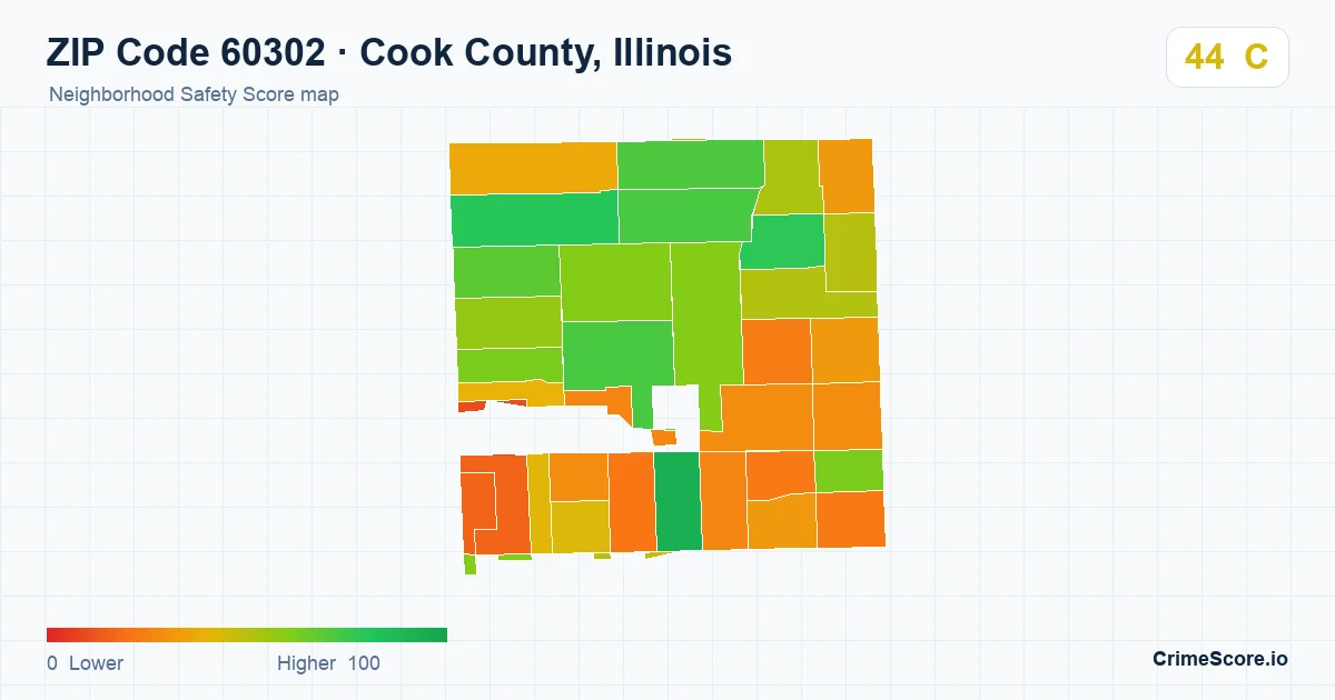 ZIP Code 60302 in Cook County, Illinois neighborhood Safety Score map