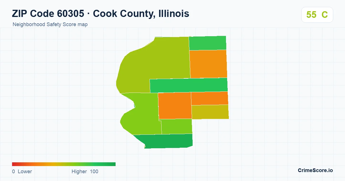 ZIP Code 60305 in Cook County, Illinois neighborhood Safety Score map