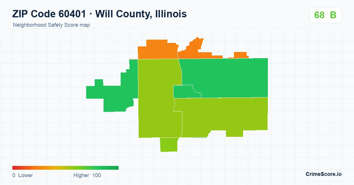 ZIP Code 60401 in Will County, Illinois neighborhood Safety Score map