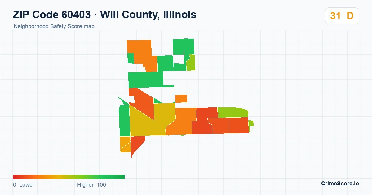 ZIP Code 60403 in Will County, Illinois neighborhood Safety Score map