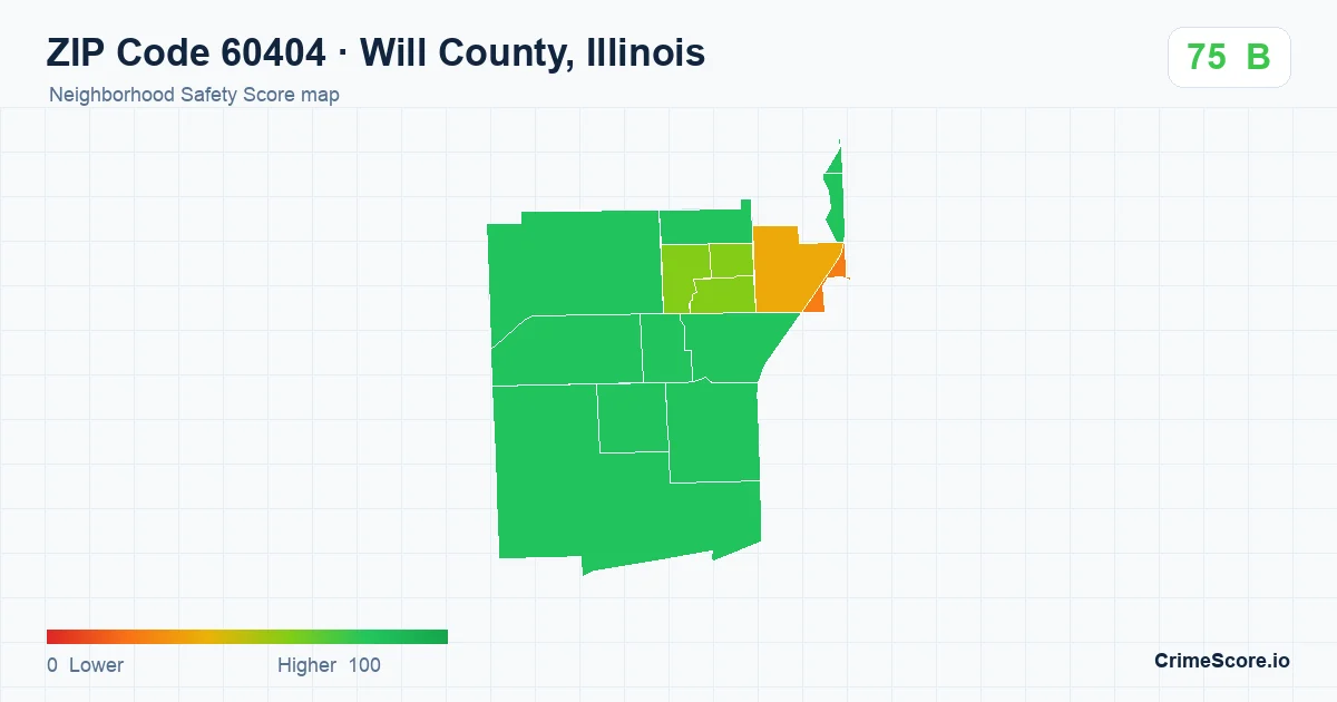 ZIP Code 60404 in Will County, Illinois neighborhood Safety Score map