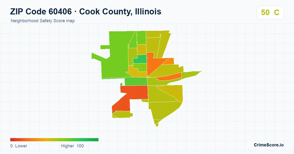 ZIP Code 60406 in Cook County, Illinois neighborhood Safety Score map