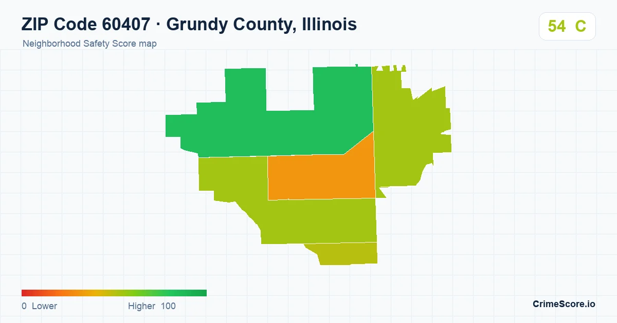 ZIP Code 60407 in Grundy County, Illinois neighborhood Safety Score map