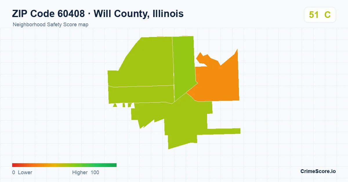 ZIP Code 60408 in Will County, Illinois neighborhood Safety Score map