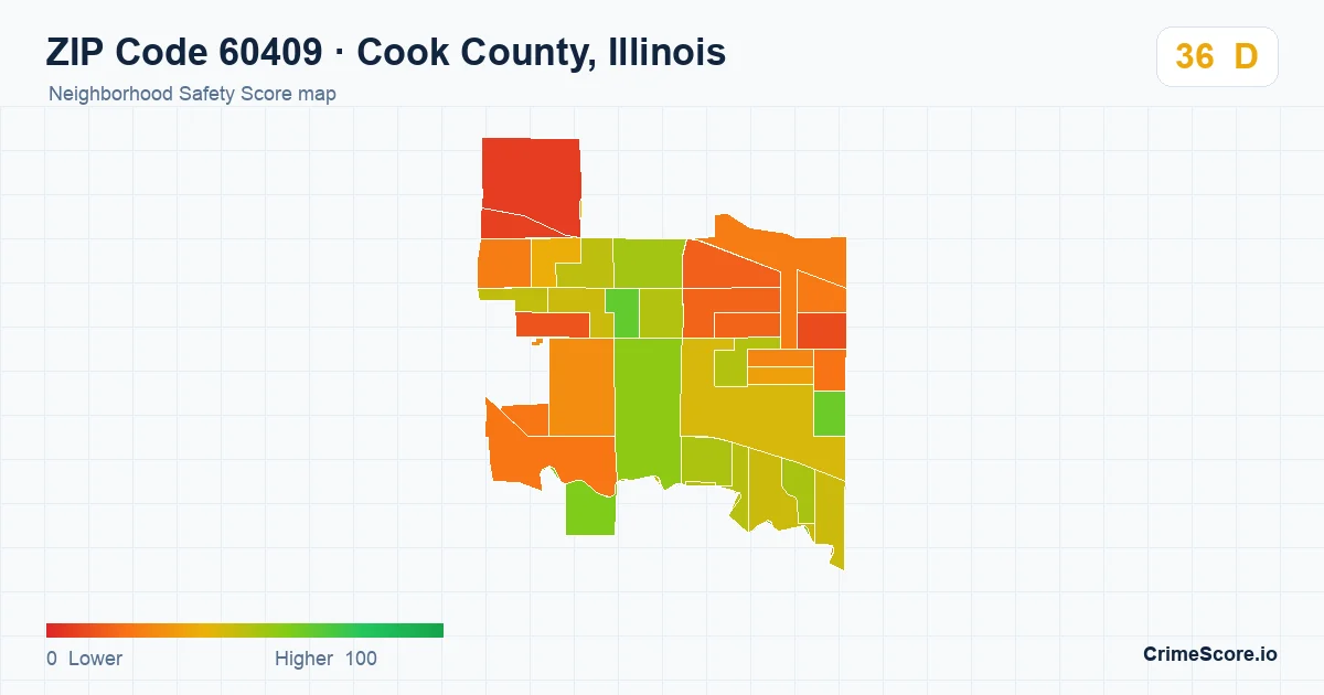 ZIP Code 60409 in Cook County, Illinois neighborhood Safety Score map