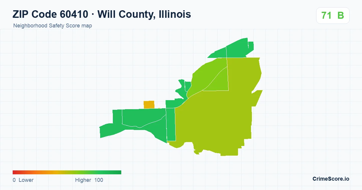 ZIP Code 60410 in Will County, Illinois neighborhood Safety Score map