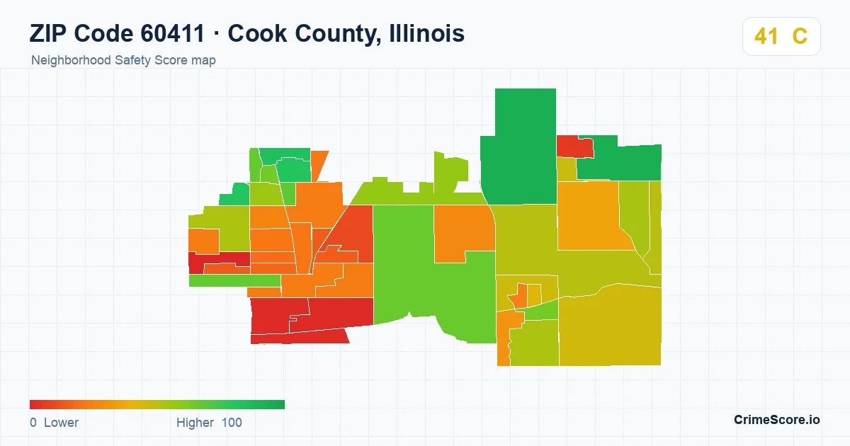 ZIP Code 60411 in Cook County, Illinois neighborhood Safety Score map