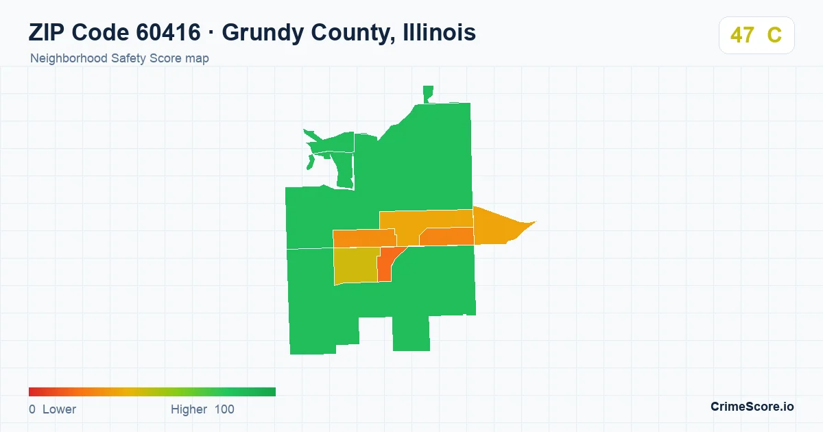 ZIP Code 60416 in Grundy County, Illinois neighborhood Safety Score map