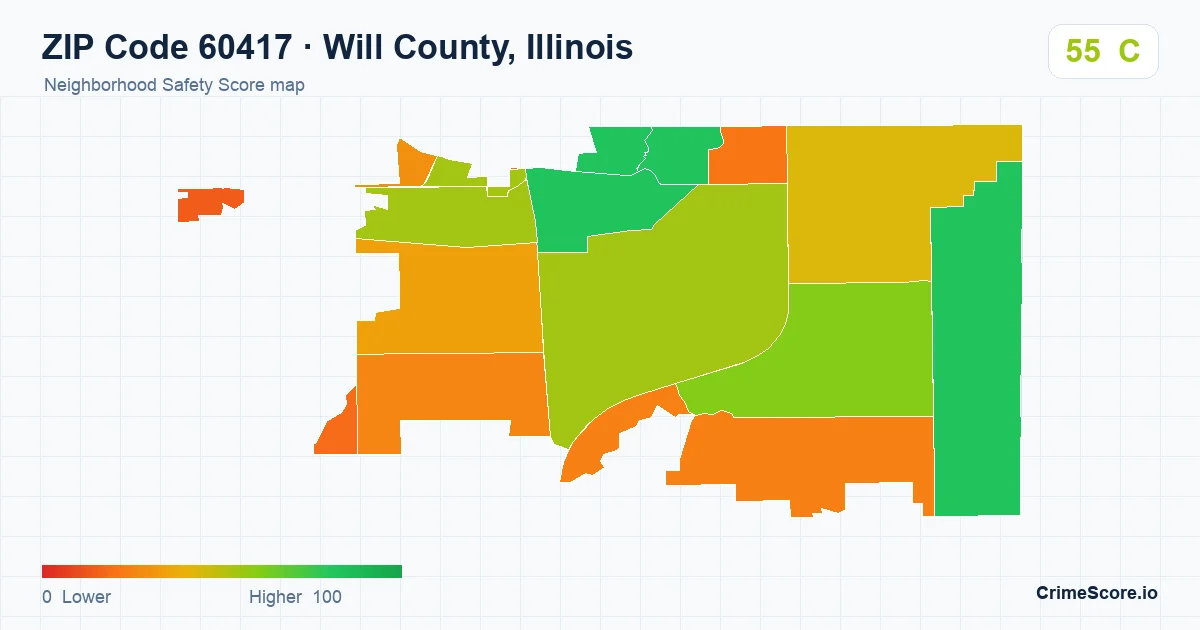 ZIP Code 60417 in Will County, Illinois neighborhood Safety Score map
