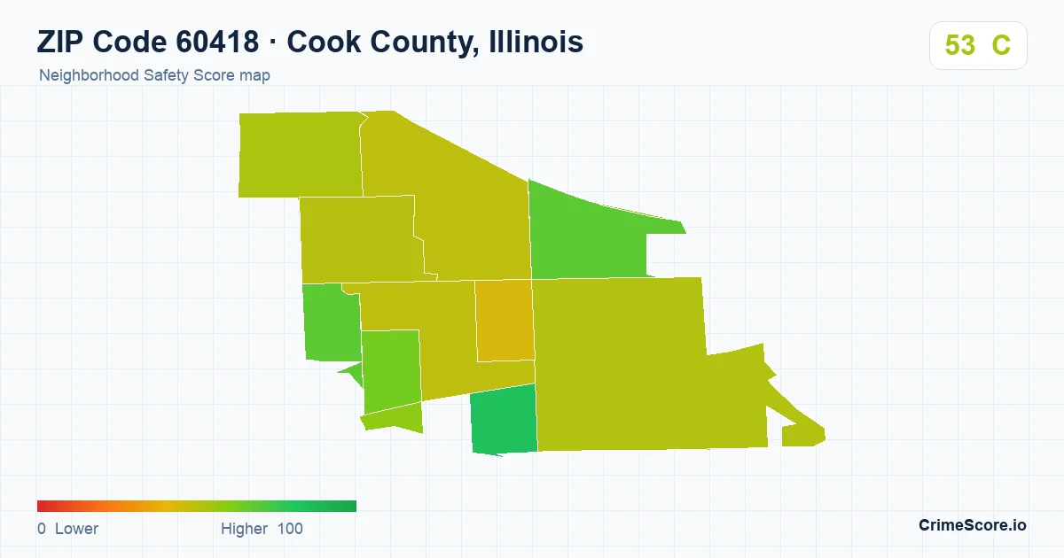 ZIP Code 60418 in Cook County, Illinois neighborhood Safety Score map