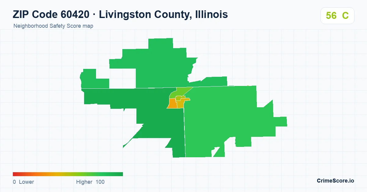 ZIP Code 60420 in Livingston County, Illinois neighborhood Safety Score map