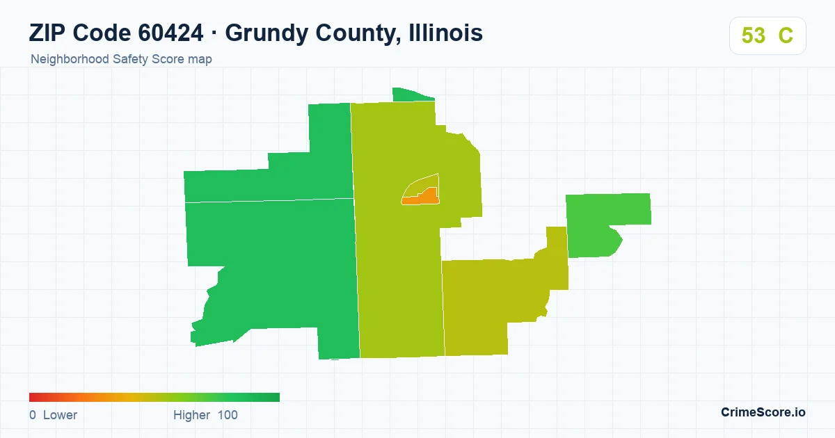 ZIP Code 60424 in Grundy County, Illinois neighborhood Safety Score map