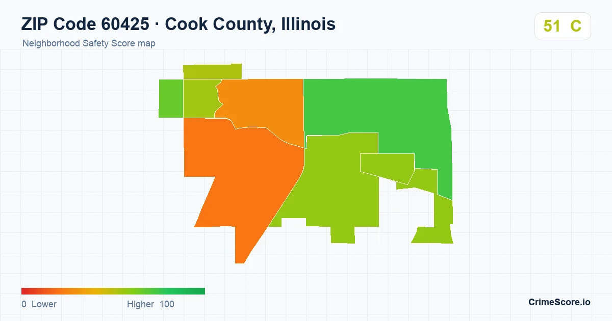 ZIP Code 60425 in Cook County, Illinois neighborhood Safety Score map