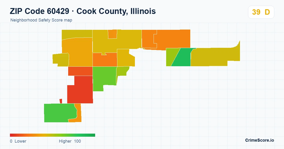 ZIP Code 60429 in Cook County, Illinois neighborhood Safety Score map