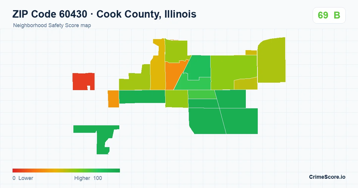 ZIP Code 60430 in Cook County, Illinois neighborhood Safety Score map