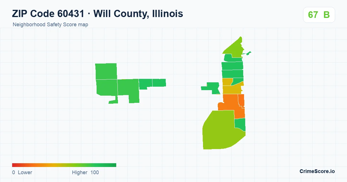 ZIP Code 60431 in Will County, Illinois neighborhood Safety Score map
