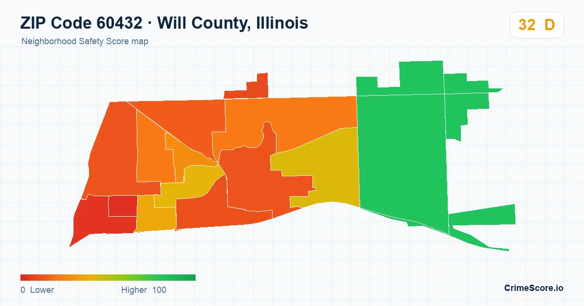 ZIP Code 60432 in Will County, Illinois neighborhood Safety Score map