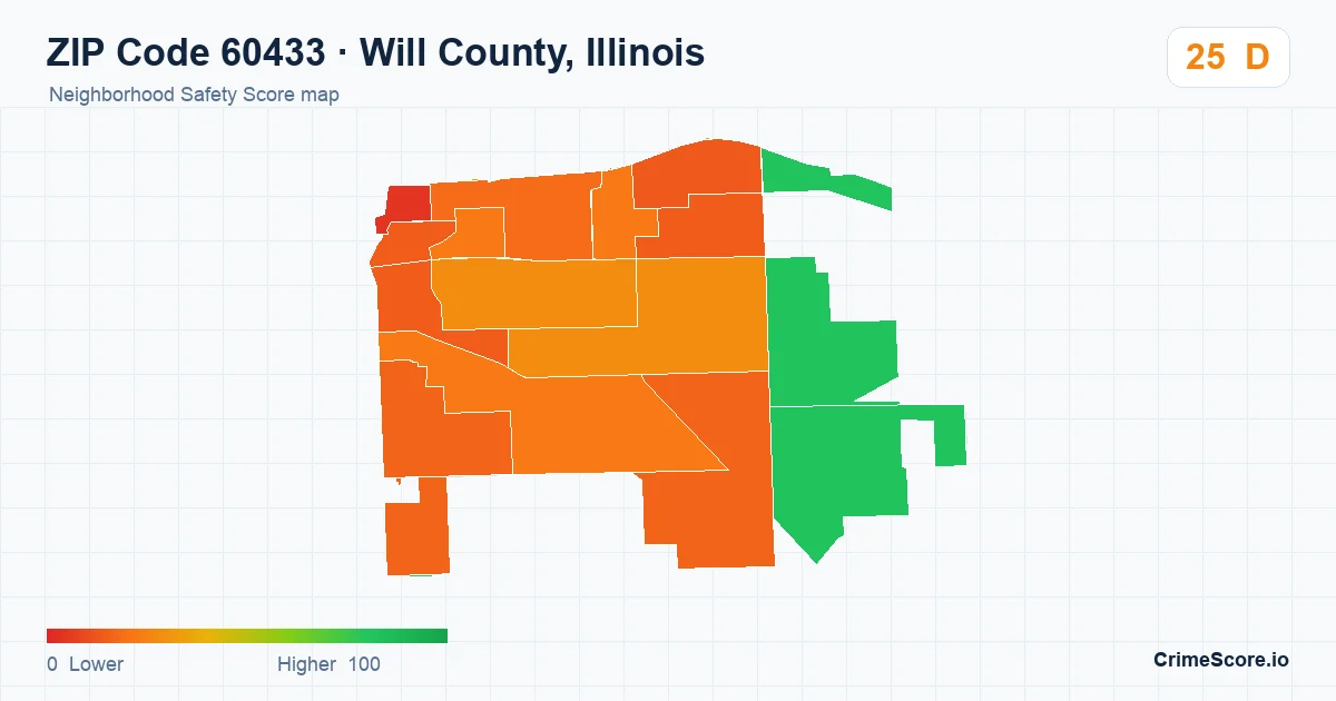 ZIP Code 60433 in Will County, Illinois neighborhood Safety Score map