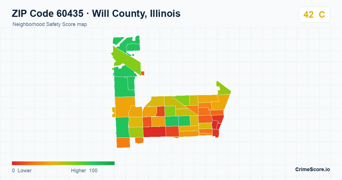 ZIP Code 60435 in Will County, Illinois neighborhood Safety Score map