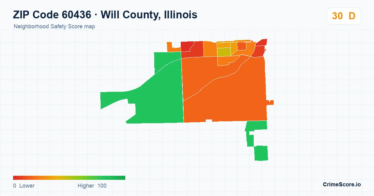 ZIP Code 60436 in Will County, Illinois neighborhood Safety Score map