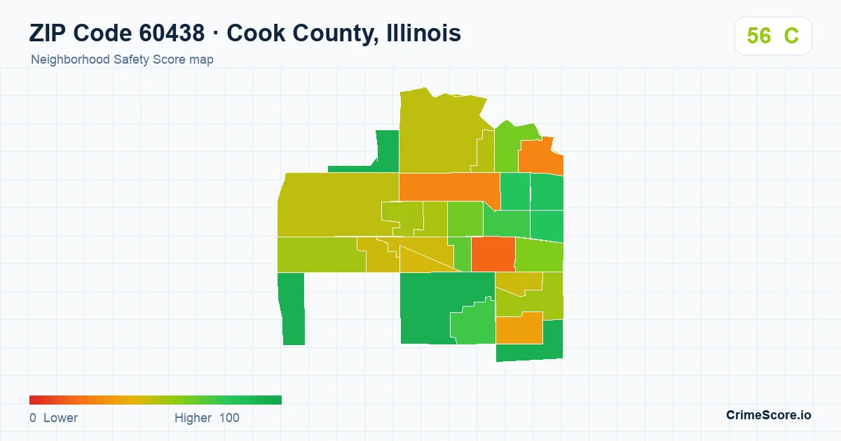 ZIP Code 60438 in Cook County, Illinois neighborhood Safety Score map