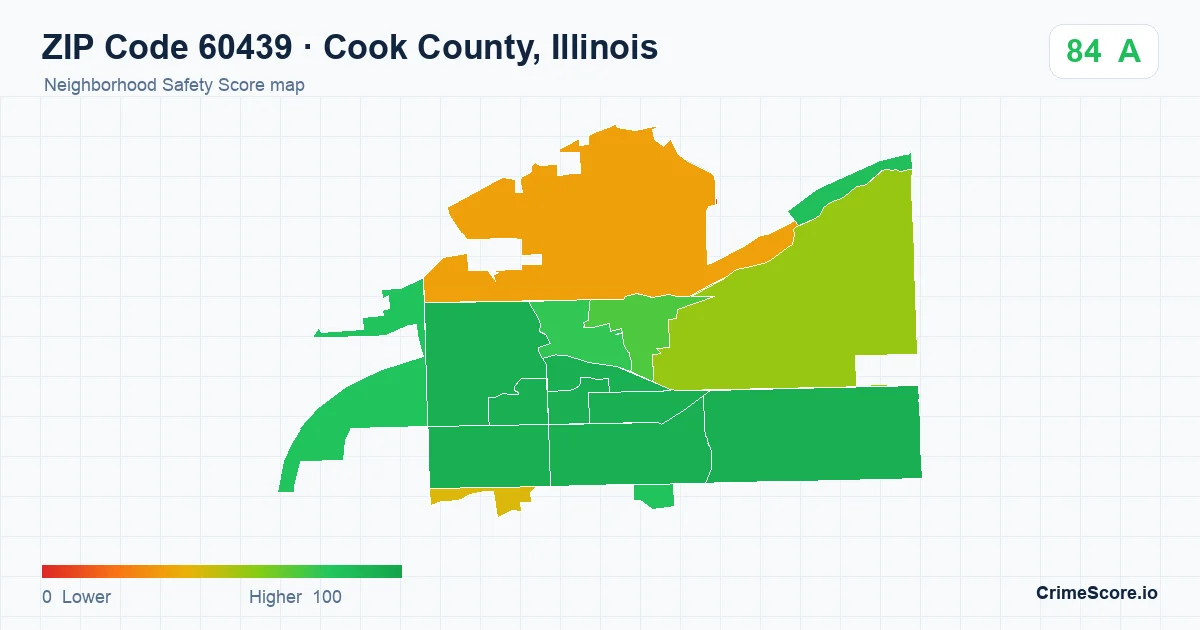 ZIP Code 60439 in Cook County, Illinois neighborhood Safety Score map