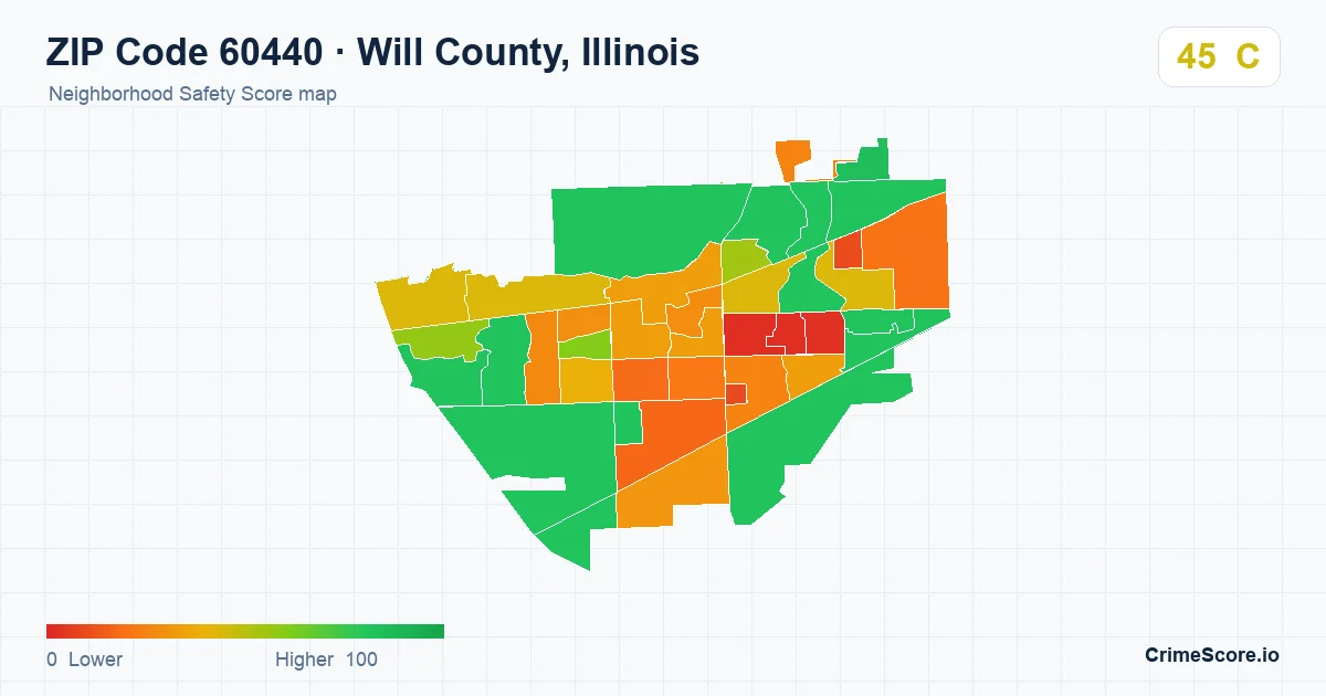 ZIP Code 60440 in Will County, Illinois neighborhood Safety Score map